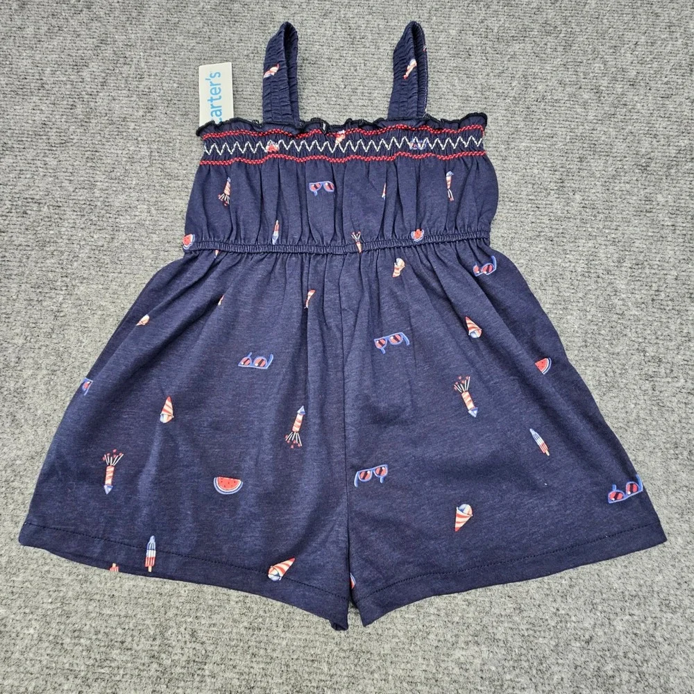 Carter's Romper Toddler 4T Summer Icons Navy Blue Smocked Cotton Jumpsuit